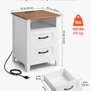 farmhouse nightstand, with charging station, end table with 2 drawers and open shelf, bedside storage cabinet, rustic side table with usb port and ac outlets, for bedroom, living room, white