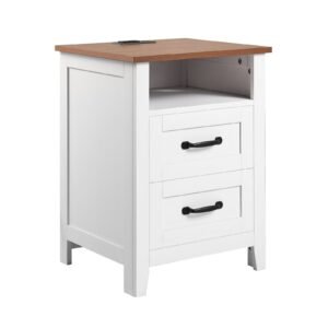 Farmhouse Nightstand, with Charging Station, End Table with 2 Drawers and Open Shelf, Bedside Storage Cabinet, Rustic Side Table with USB Port and AC Outlets, for Bedroom, Living Room, White