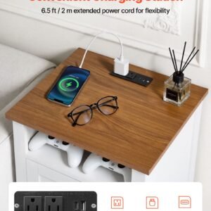 farmhouse nightstand, with charging station, end table with 2 drawers and open shelf, bedside storage cabinet, rustic side table with usb port and ac outlets, for bedroom, living room, white