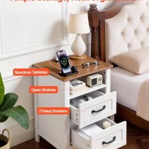 farmhouse nightstands, with charging station, set of 2, end tables with 2 drawers and open shelf, bedside storage cabinets, rustic side tables with usb port, for bedroom, living room, white