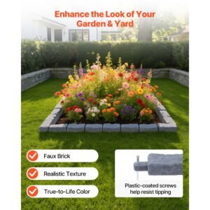 faux stone landscape edging, 15.5 ft kit, no dig garden edging border, blocks for lawn, flower beds, yard, 4 pack each section has 6 bricks 46.46"l x 3.74"w x 2.24"h, 16 spikes & 4 corners, gray