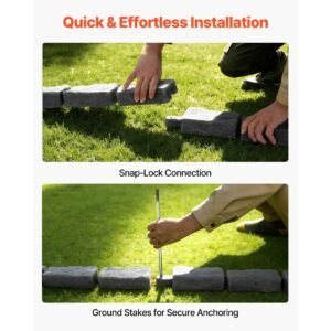 faux stone landscape edging, 15.5 ft kit, no dig garden edging border, blocks for lawn, flower beds, yard, 4 pack each section has 6 bricks 46.46"l x 3.74"w x 2.24"h, 16 spikes & 4 corners, gray