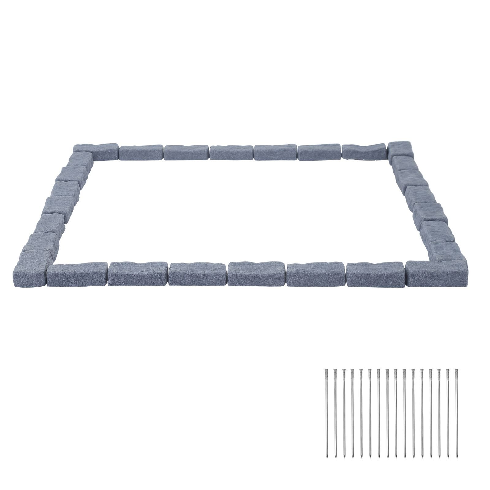 faux stone landscape edging, 15.5 ft kit, no dig garden edging border, blocks for lawn, flower beds, yard, 4 pack each section has 6 bricks 46.46"l x 3.74"w x 2.24"h, 16 spikes & 4 corners, gray