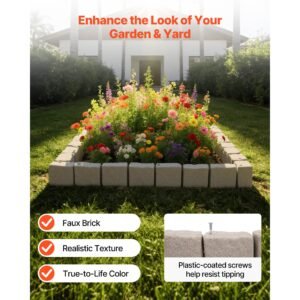 faux stone landscape edging, 15.5 ft kit, no dig garden edging border, blocks for lawn, flower beds, yard, 4 pack each section has 6 bricks 46.85"l x 3.94"w x 6.1"h, 12 spikes & 4 corners, beige
