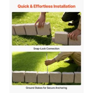 faux stone landscape edging, 15.5 ft kit, no dig garden edging border, blocks for lawn, flower beds, yard, 4 pack each section has 6 bricks 46.85"l x 3.94"w x 6.1"h, 12 spikes & 4 corners, beige