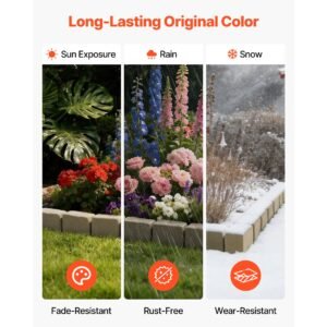 faux stone landscape edging, 15.5 ft kit, no dig garden edging border, blocks for lawn, flower beds, yard, 4 pack each section has 6 bricks 46.85"l x 3.94"w x 6.1"h, 12 spikes & 4 corners, beige