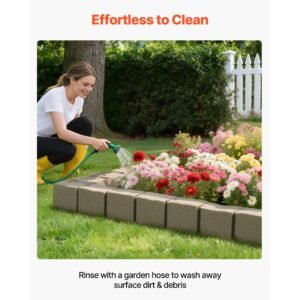 faux stone landscape edging, 15.5 ft kit, no dig garden edging border, blocks for lawn, flower beds, yard, 4 pack each section has 6 bricks 46.85"l x 3.94"w x 6.1"h, 12 spikes & 4 corners, beige