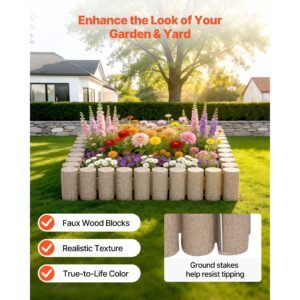 faux wood landscape edging, 13.7 ft kit, no dig garden edging border, blocks for lawn, flower beds, pathways, yards, 4 pack each section has 10 logs 41.14"l x 3.74"w x 7.48"h, 32 spikes, beige