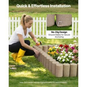 faux wood landscape edging, 13.7 ft kit, no dig garden edging border, blocks for lawn, flower beds, pathways, yards, 4 pack each section has 10 logs 41.14"l x 3.74"w x 7.48"h, 32 spikes, beige