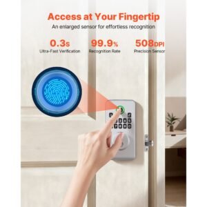 fingerprint door lock, electronic biometric deadbolt with pioneering easy grip design, auto locking, one time code, anti peeking password, keyless entry door lock for home, apartment, silver
