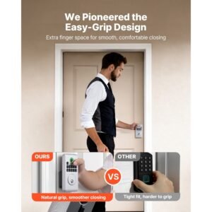 fingerprint door lock, electronic biometric deadbolt with pioneering easy grip design, auto locking, one time code, anti peeking password, keyless entry door lock for home, apartment, silver