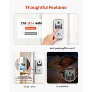 fingerprint door lock, electronic biometric deadbolt with pioneering easy grip design, auto locking, one time code, anti peeking password, keyless entry door lock for home, apartment, silver