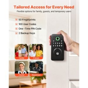 fingerprint door lock, electronic biometric deadbolt with pioneering easy grip design, auto locking, one time code, anti peeking password, keyless entry door lock for home use, matte black