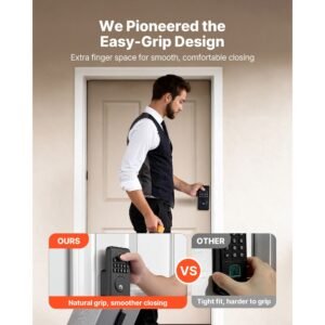 fingerprint door lock, electronic biometric deadbolt with pioneering easy grip design, auto locking, one time code, anti peeking password, keyless entry door lock for home use, matte black