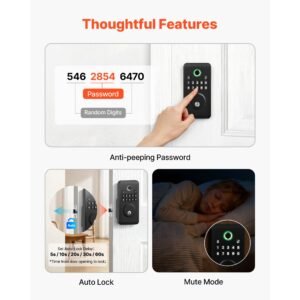 fingerprint door lock, electronic biometric deadbolt with pioneering easy grip design, auto locking, one time code, anti peeking password, keyless entry door lock for home use, matte black