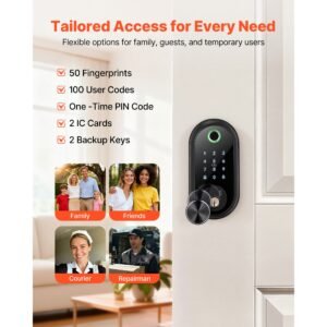 fingerprint door lock, electronic biometric deadbolt with touchscreen, auto locking, one time code, anti peeking password, keyless entry door lock with ic cards, for home, apartment, matte black