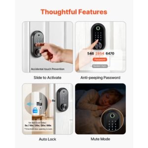 fingerprint door lock, electronic biometric deadbolt with touchscreen, auto locking, one time code, anti peeking password, keyless entry door lock with ic cards, for home, apartment, matte black