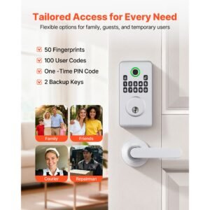 fingerprint door lock set, electronic biometric deadbolt keyless entry door lock with handle, pioneering easy grip design, auto locking, one time code, anti peeking password, for home, silver