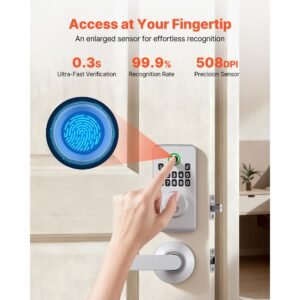 fingerprint door lock set, electronic biometric deadbolt keyless entry door lock with handle, pioneering easy grip design, auto locking, one time code, anti peeking password, for home, silver