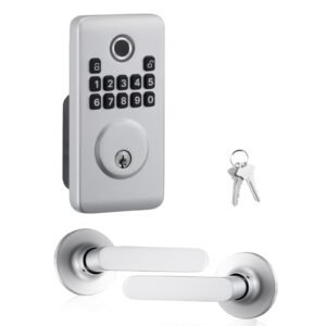 Fingerprint Door Lock Set, Electronic Biometric Deadbolt Keyless Entry Door Lock with Handle, Pioneering Easy-Grip Design, Auto Locking, One-Time Code, Anti-Peeking Password, for Home, Silver