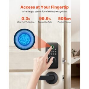 fingerprint door lock set, electronic biometric deadbolt keyless entry door lock with handle, pioneering easy grip design, auto locking, one time code, anti peeking password, matte black