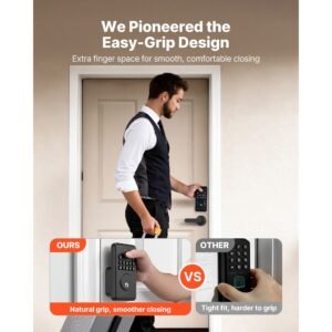 fingerprint door lock set, electronic biometric deadbolt keyless entry door lock with handle, pioneering easy grip design, auto locking, one time code, anti peeking password, matte black