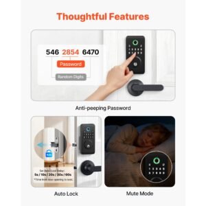 fingerprint door lock set, electronic biometric deadbolt keyless entry door lock with handle, pioneering easy grip design, auto locking, one time code, anti peeking password, matte black