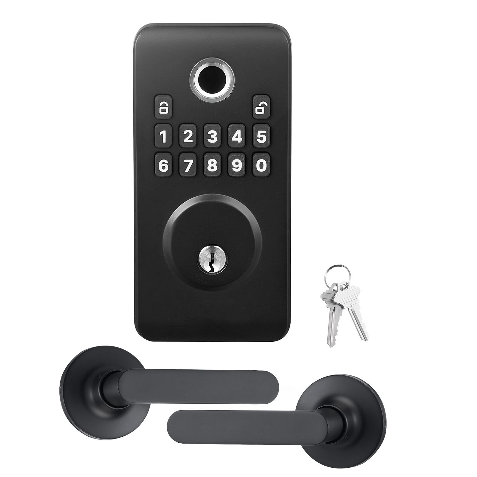 fingerprint door lock set, electronic biometric deadbolt keyless entry door lock with handle, pioneering easy grip design, auto locking, one time code, anti peeking password, matte black