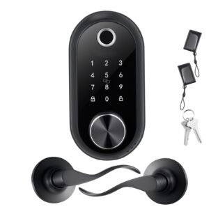 Fingerprint Door Lock Set, Electronic Biometric Deadbolt Keyless Entry Door Lock with Handle, Touchscreen, Auto Locking, One-Time Code, Anti-Peeking Password, IC Cards, for Home, Matte Black
