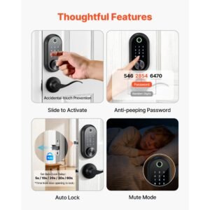 fingerprint door lock set, electronic biometric deadbolt keyless entry door lock with handle, touchscreen, auto locking, one time code, anti peeking password, ic cards, for home, matte black