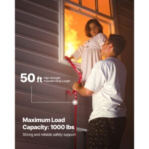 fire escape ladder, 5 6 story 50ft retractable emergency fire ladder, lightweight aluminum alloy safety escape ladders with sturdy polyester strap, anti slip & wide rungs, 1000lbs max loading