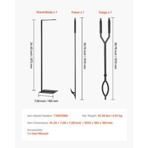 fireplace tool set, 3 pcs fire tool set and holder with stand, tongs, fire place poker, wrought iron fireplace accessories for campfire backyard bonfire indoor/outdoor, black