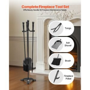 fireplace tool set, 4 pcs fire tool set and holder with three prong stand, ash shovel, brush, fire place poker, wrought iron fireplace accessories for campfire indoor/outdoor, black