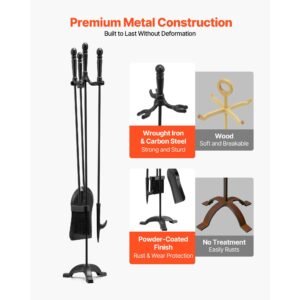 fireplace tool set, 4 pcs fire tool set and holder with three prong stand, ash shovel, brush, fire place poker, wrought iron fireplace accessories for campfire indoor/outdoor, black