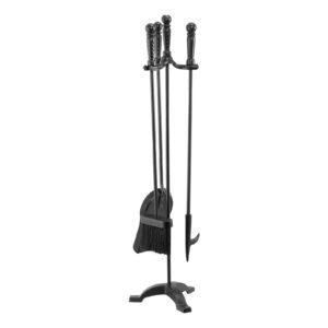 Fireplace Tool Set, 4 PCS Fire Tool Set and Holder with Three-Prong Stand, Ash Shovel, Brush, Fire Place Poker, Wrought Iron Fireplace Accessories for Campfire Indoor/Outdoor, Black