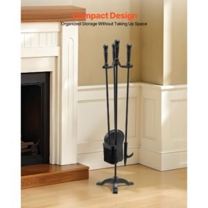fireplace tool set, 4 pcs fire tool set and holder with three prong stand, ash shovel, brush, fire place poker, wrought iron fireplace accessories for campfire indoor/outdoor, black