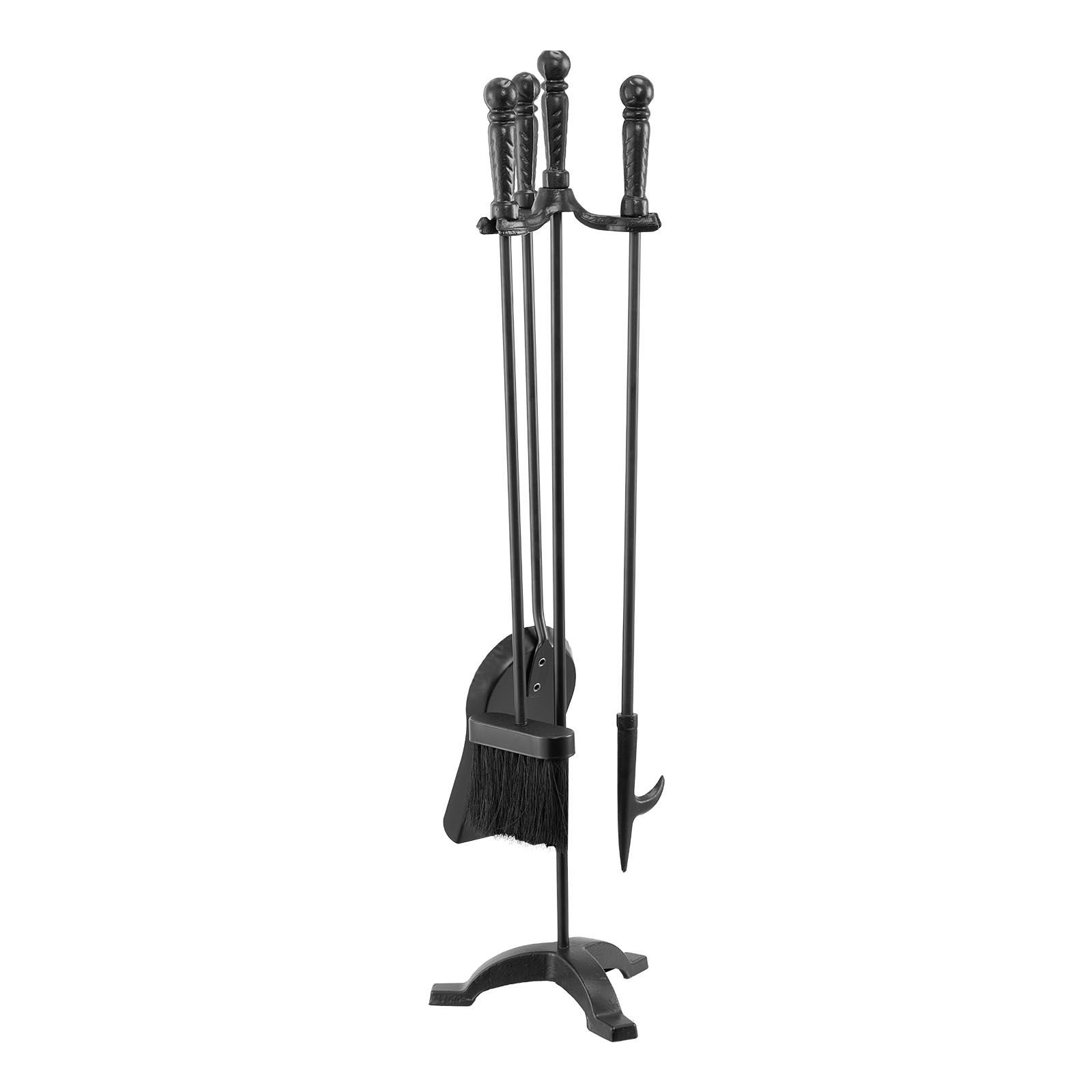 fireplace tool set, 4 pcs fire tool set and holder with three prong stand, ash shovel, brush, fire place poker, wrought iron fireplace accessories for campfire indoor/outdoor, black