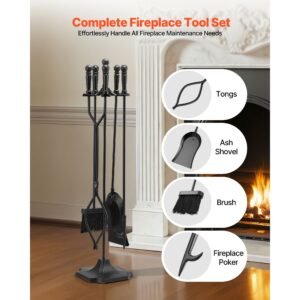 fireplace tool set, 5 pcs fire tool set and holder with five prong stand, tongs, ash shovel, brush, fire place poker, wrought iron fireplace accessories for campfire indoor/outdoor, black