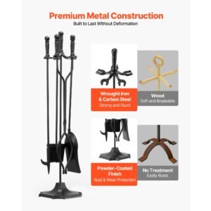 fireplace tool set, 5 pcs fire tool set and holder with five prong stand, tongs, ash shovel, brush, fire place poker, wrought iron fireplace accessories for campfire indoor/outdoor, black