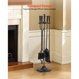 fireplace tool set, 5 pcs fire tool set and holder with five prong stand, tongs, ash shovel, brush, fire place poker, wrought iron fireplace accessories for campfire indoor/outdoor, black