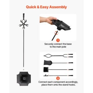 fireplace tool set, 5 pcs fire tool set and holder with five prong stand, tongs, ash shovel, brush, fire place poker, wrought iron fireplace accessories for campfire indoor/outdoor, black