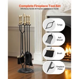 fireplace tool set, 5 pcs fire tool set and holder with five prong stand, tongs, ash shovel, brush, fire place poker, wrought iron fireplace accessories for indoor/outdoor, black & brass