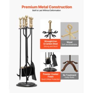 fireplace tool set, 5 pcs fire tool set and holder with five prong stand, tongs, ash shovel, brush, fire place poker, wrought iron fireplace accessories for indoor/outdoor, black & brass