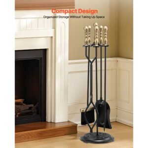 fireplace tool set, 5 pcs fire tool set and holder with five prong stand, tongs, ash shovel, brush, fire place poker, wrought iron fireplace accessories for indoor/outdoor, black & brass