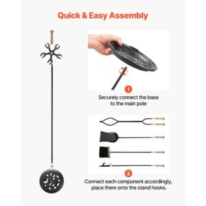 fireplace tool set, 5 pcs fire tool set and holder with five prong stand, tongs, ash shovel, brush, fire place poker, wrought iron fireplace accessories for indoor/outdoor, black & brass