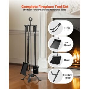 fireplace tool set, 5 pcs fire tool set and holder with four prong stand, tongs, ash shovel, brush, fire place poker, wrought iron fireplace accessories for campfire indoor/outdoor, black