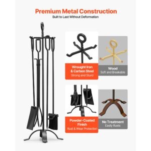 fireplace tool set, 5 pcs fire tool set and holder with four prong stand, tongs, ash shovel, brush, fire place poker, wrought iron fireplace accessories for campfire indoor/outdoor, black