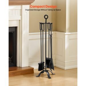 fireplace tool set, 5 pcs fire tool set and holder with four prong stand, tongs, ash shovel, brush, fire place poker, wrought iron fireplace accessories for campfire indoor/outdoor, black