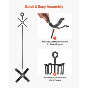 fireplace tool set, 5 pcs fire tool set and holder with four prong stand, tongs, ash shovel, brush, fire place poker, wrought iron fireplace accessories for campfire indoor/outdoor, black