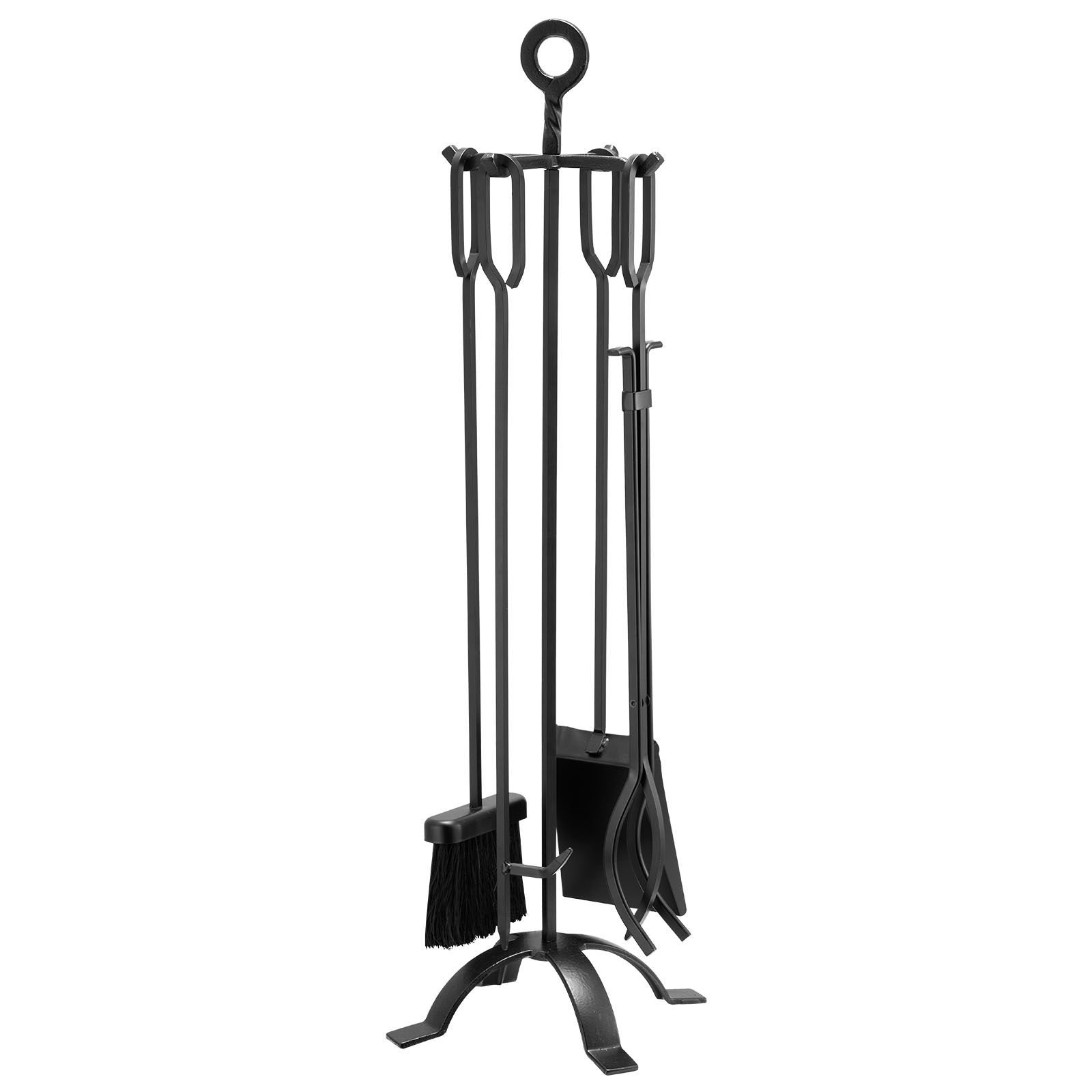 fireplace tool set, 5 pcs fire tool set and holder with four prong stand, tongs, ash shovel, brush, fire place poker, wrought iron fireplace accessories for campfire indoor/outdoor, black